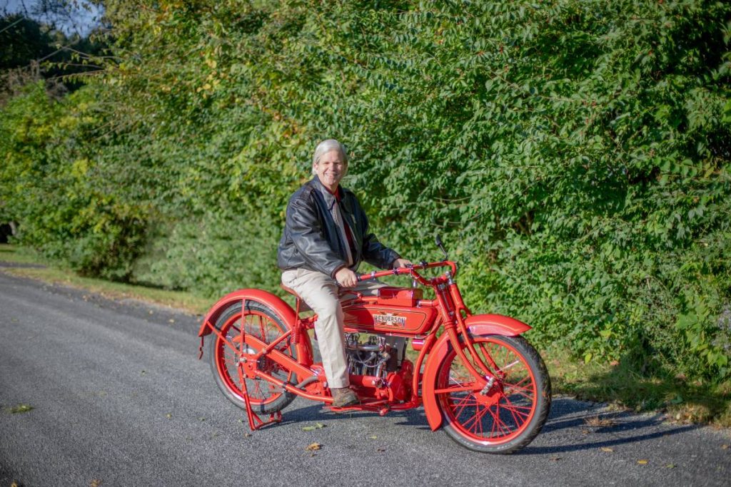 Mark Hunnibell on his 1919 Henderson Motorcycle - Wider View