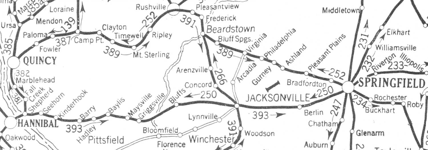 Figure 5: Blue Book Routes between Springfield, Illinois and Hannibal, Missouri.