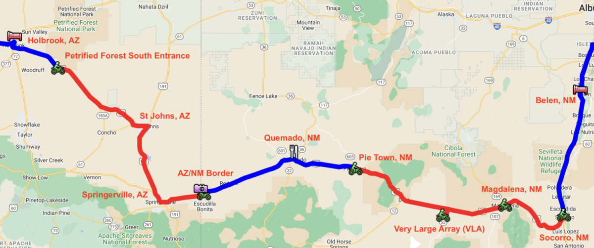 2022 Route Map from Belen, NM to Holbrook, AZ